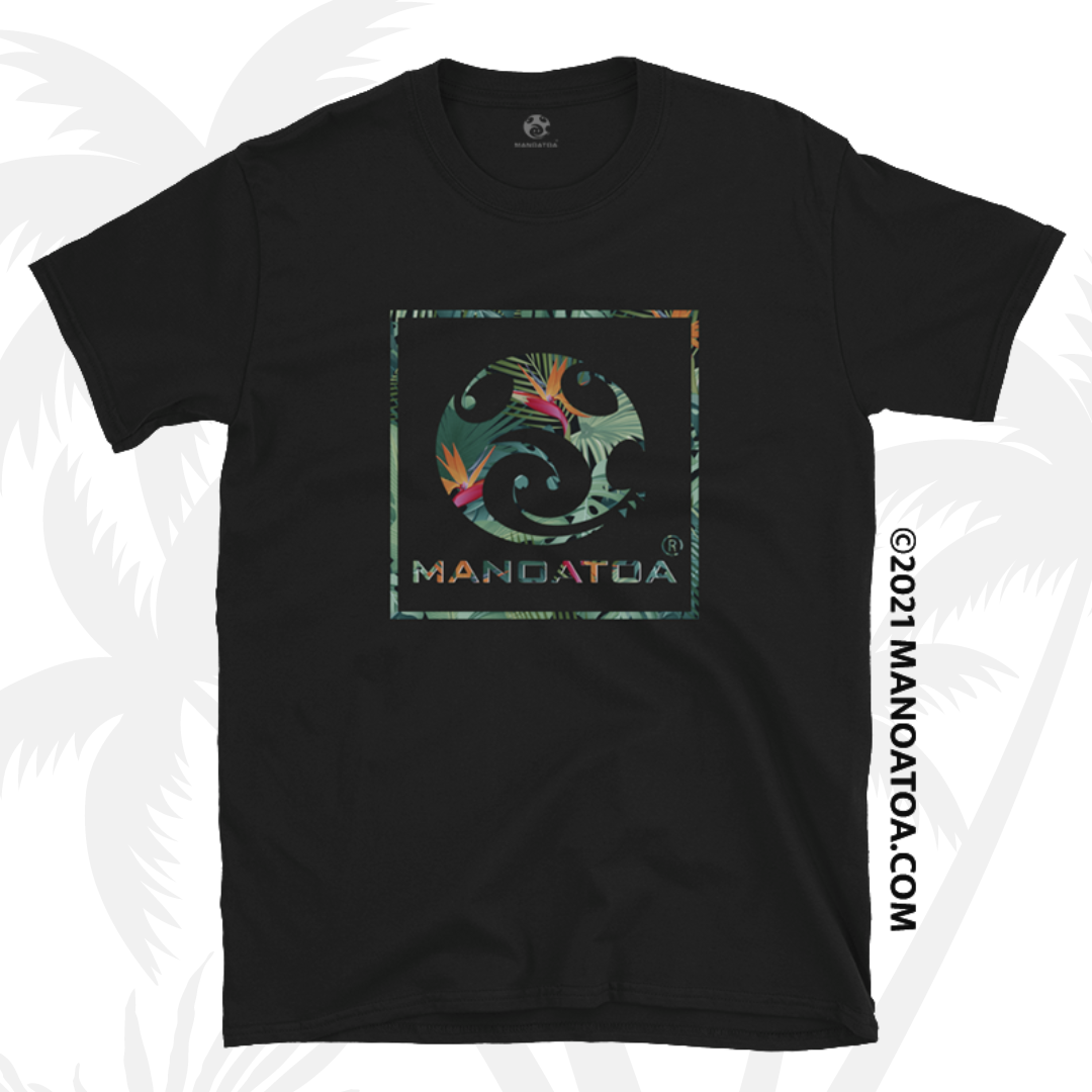 Island inspired bird of paradise flower design inlayed in the Manoatoa brand logo on a black t-shirt.