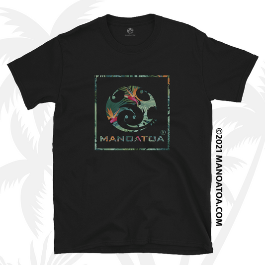 Island inspired bird of paradise flower design inlayed in the Manoatoa brand logo on a black t-shirt.