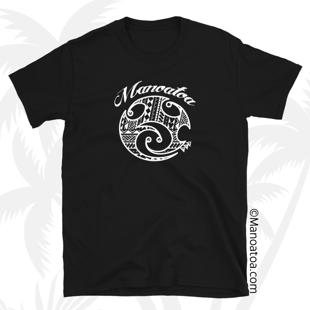 Black t-shirt with white Polynesian tribal design in the Manoatoa brand label with "Manoatoa" above the label.