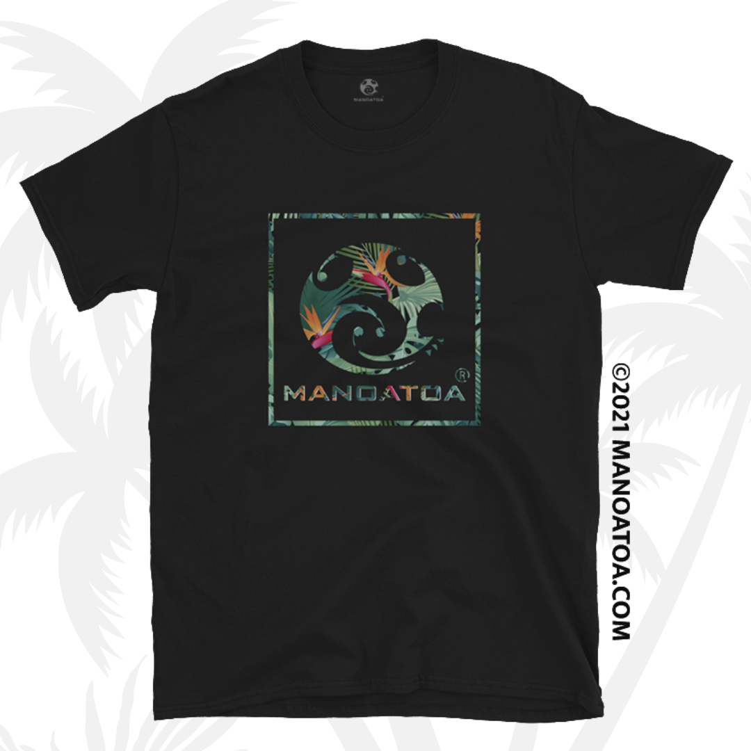 Island inspired bird of paradise flower design inlayed in the Manoatoa brand logo on a black t-shirt. 