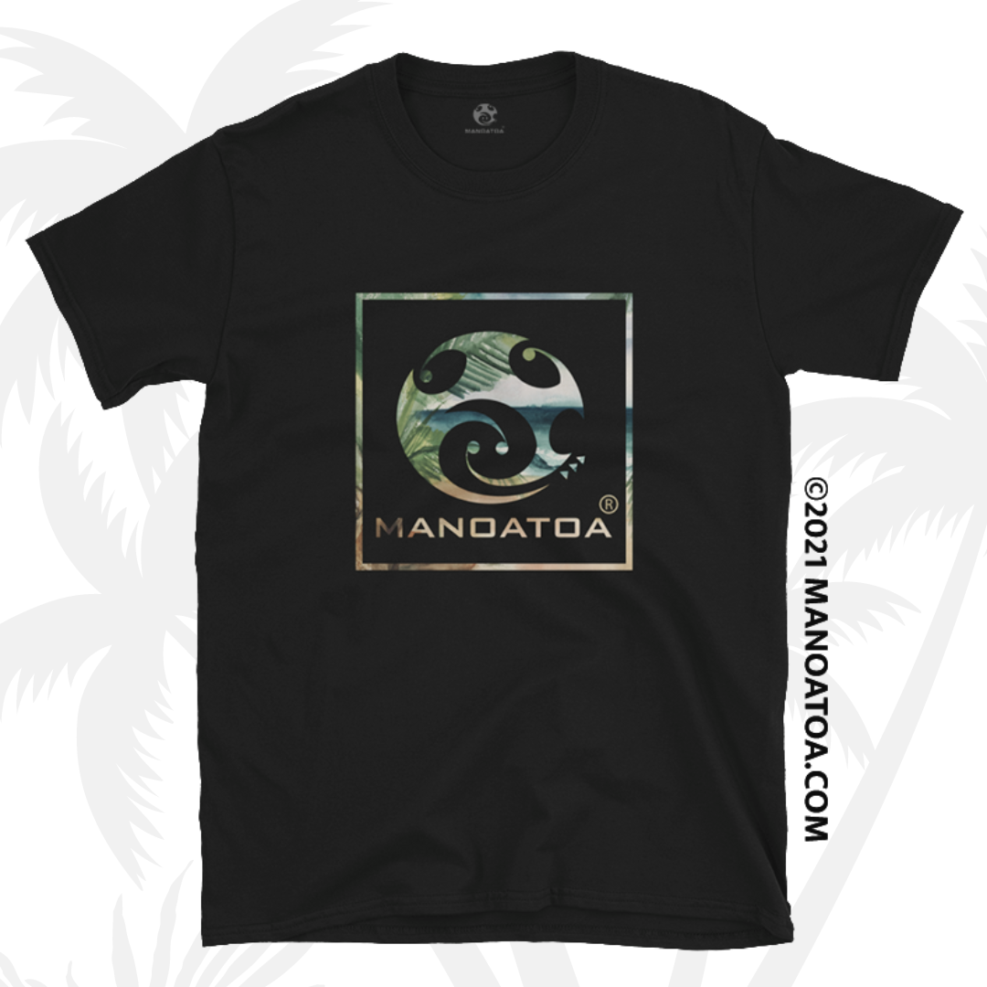 South Pacific Beach graphic inlaid in the Manoatoa Logo on a black t-shirt