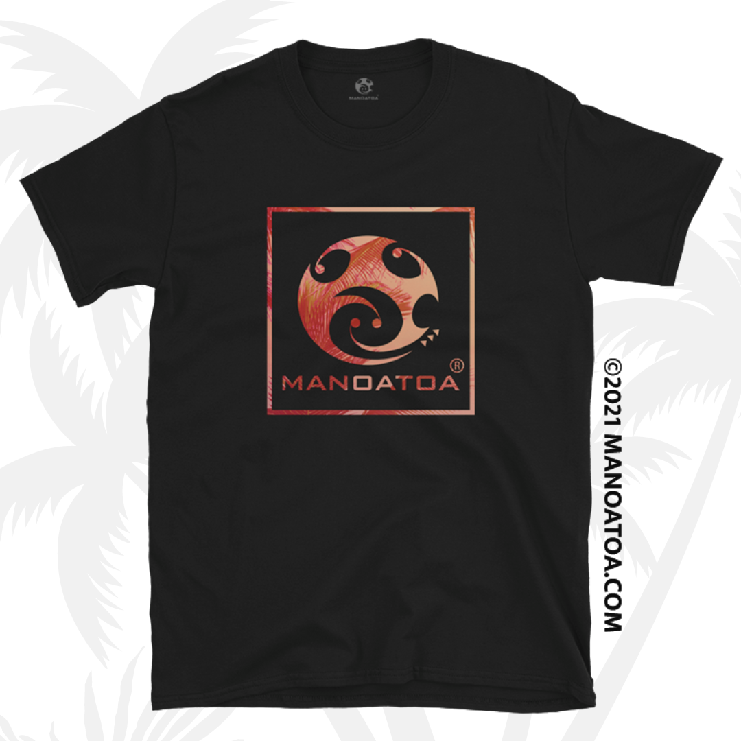 Graphic design of palm leaves in an orange sunset hue inlaid in the Manoatoa logo on a black t-shirt.