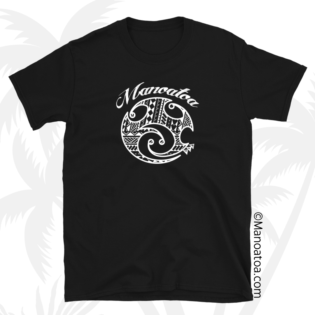 Black t-shirt with white Polynesian tribal design in the Manoatoa brand label with "Manoatoa" above the label. 